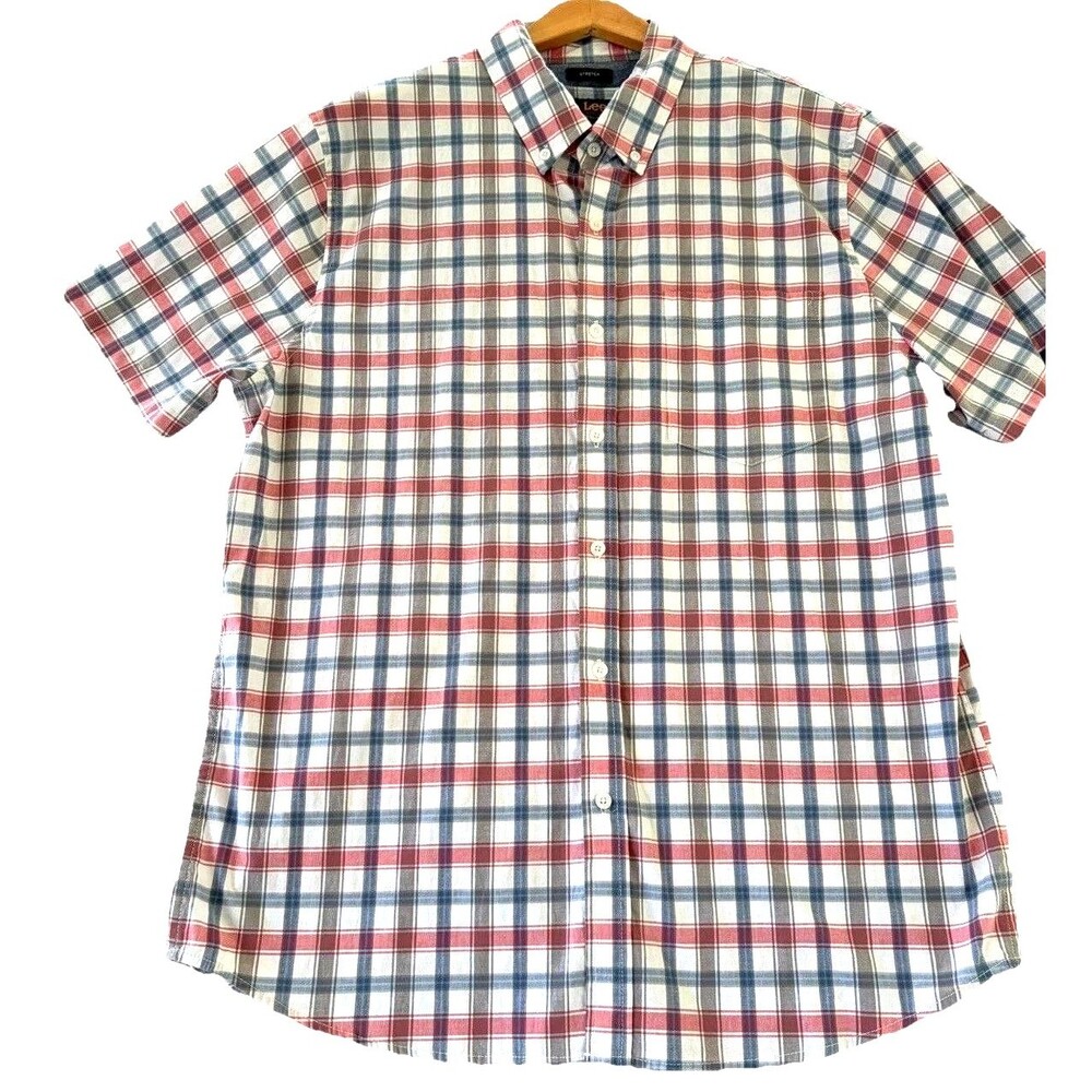 Lee Mens XL Plaid Button Down Shirt Short Sleeve Stretch Red Blue Western Casual
